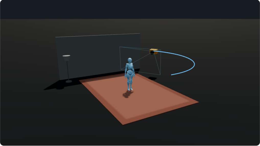 Real orbit scene with a character, camera frustum and camera trajectory