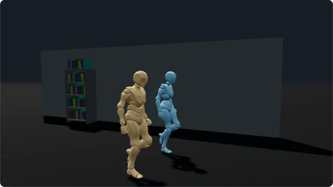 Two characters walking together in a real 3D previs scene