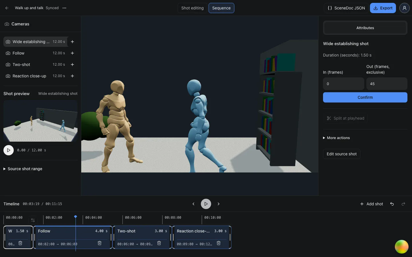 Multiple camera views arranged into a shot sequence in the editor